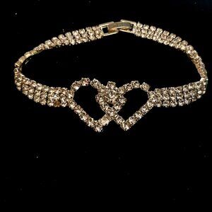 Double Hearts Silver Rhinestone Bracelet 7 in